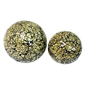 2 - Pier1 Imports Mosaic Glass Ball Round Orb 4” & 3” Gold & Black Cracked Glass